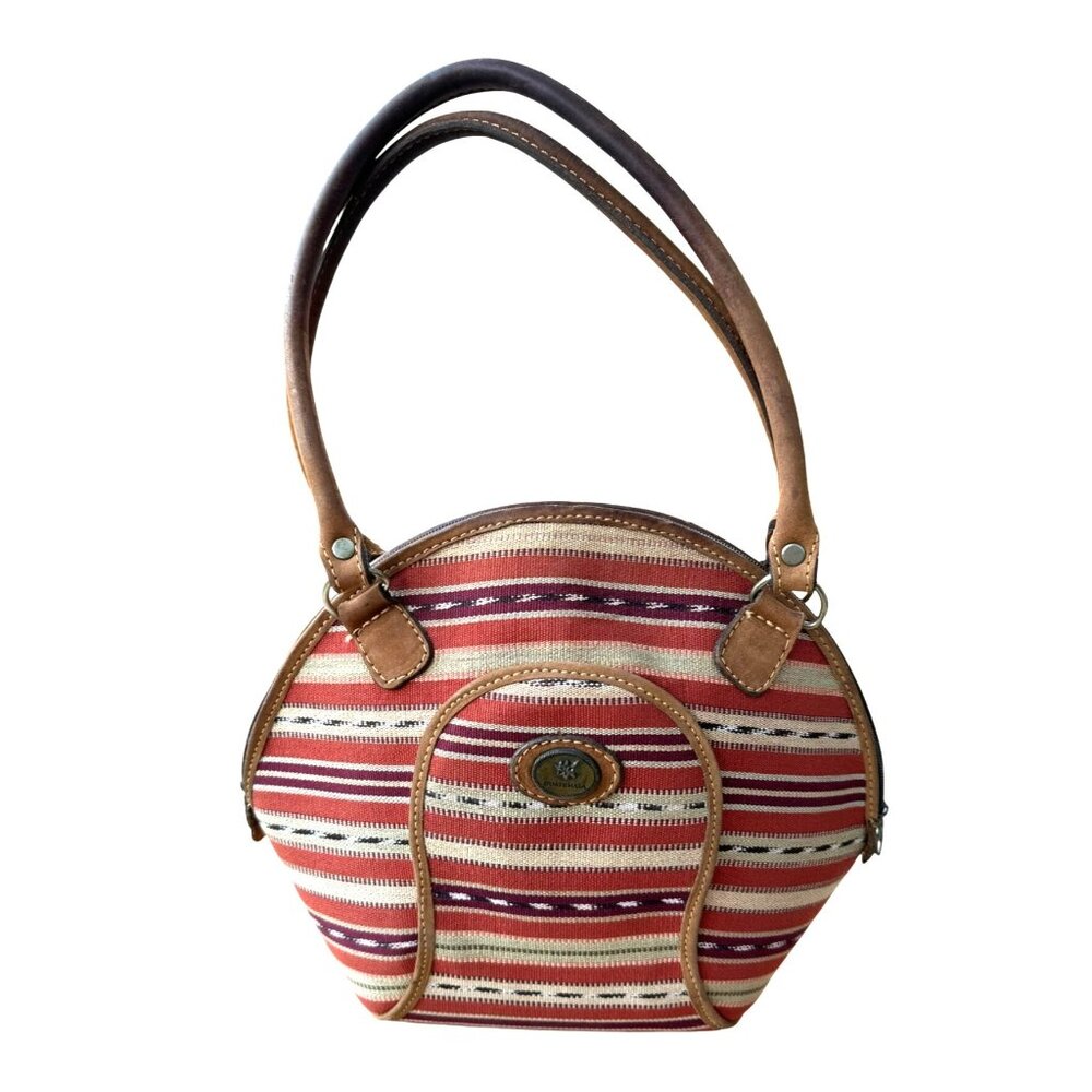 Vintage Guatemalan Handcrafted Striped Leather Santa Fe Aztec Fabric Purse Bag